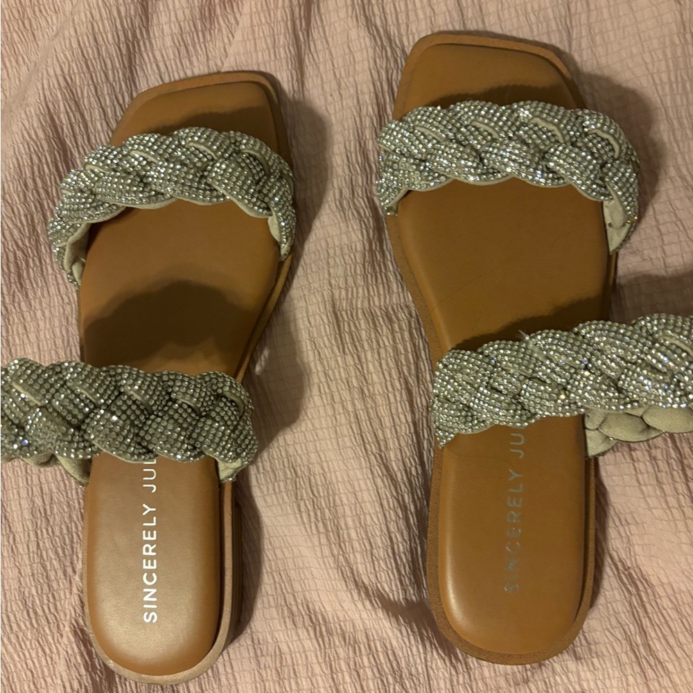 Sincerely Jules Tan and Silver Sandals with Woven Design